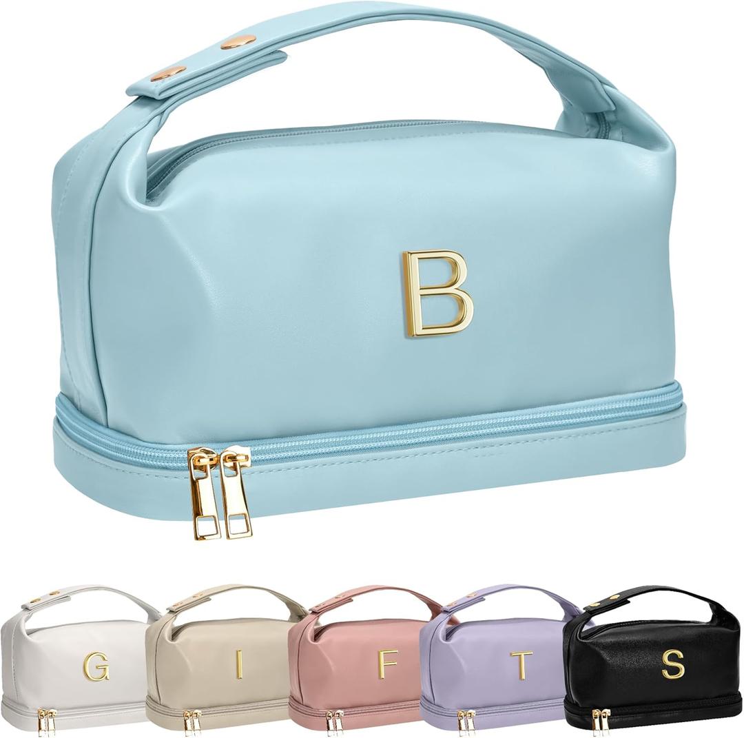 Personalized Teachers Gifts for Women, Makeup Bags with Handle, Initial Double Layer Cosmetic Bag with Makeup Brush Organizer,Teacher Appreciation Gifts, Gifts for Friends Female Mom (Blue)