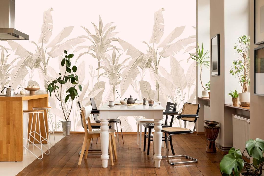 Tropical Botanical Wallpaper Beige Palm Leaves Wall Mural for Living Room BedroomNot Peel and Stick (160" x 106", CYBH-969)