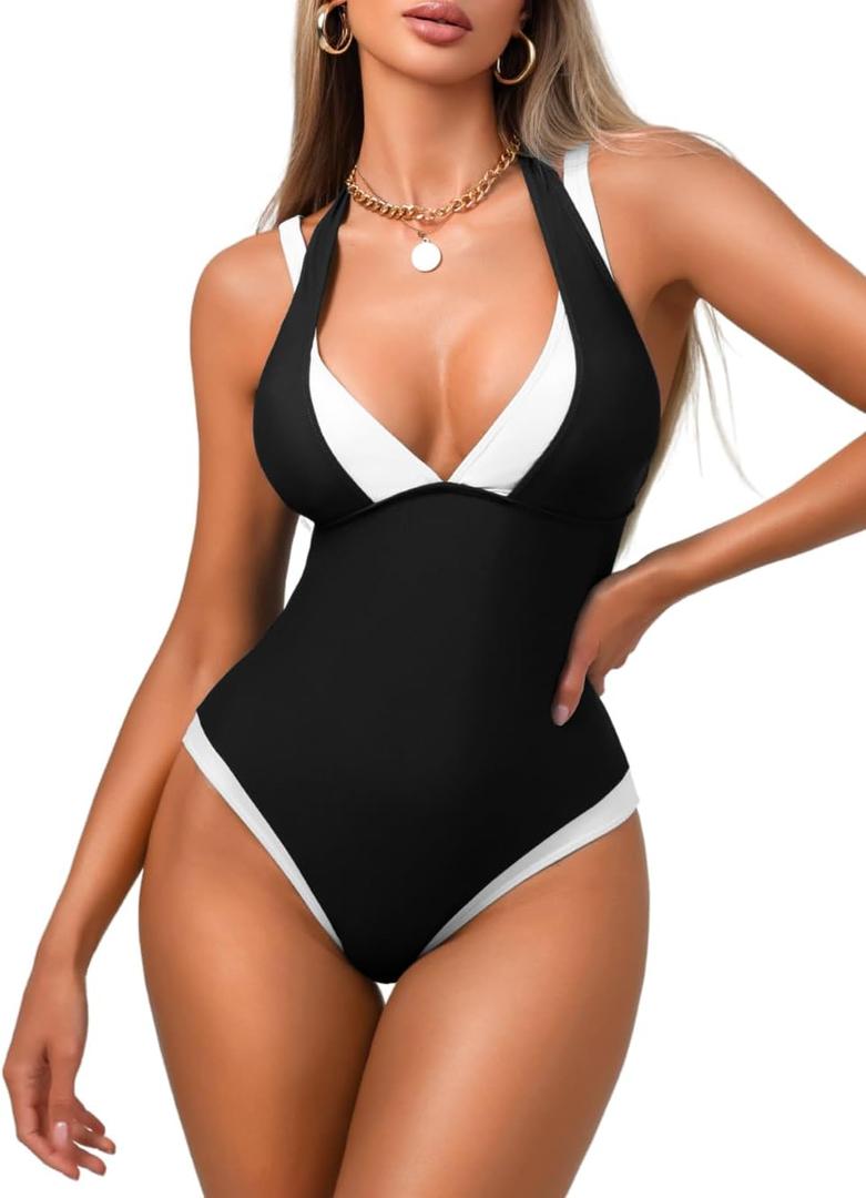 Color Block Sexy Womens One Piece Swimsuit, Deep V Tummy Control Backless Cheeky, Slimming Bathing Suit Beach Outfits (Medium, Black-white)