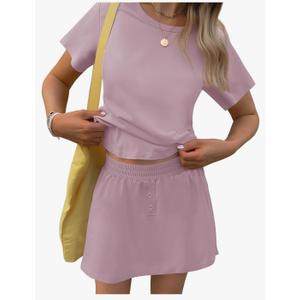 TCOT Pajamas for Women Set Summer Fashion Short Sleeve Crewneck Tops with Skirt Sets Pajama Casual Loungewear, Size M