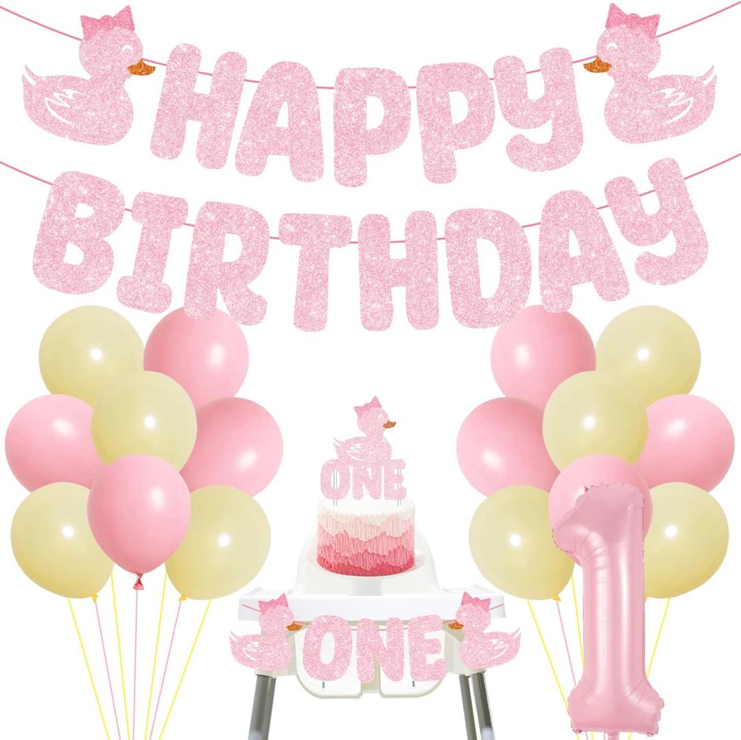 Pink Duck Birthday Party Decorations Pink Ducky Party Decor Cute Duck High Chair Banner Glitter Happy Birthday Banner Cake Topper Latex Balloons for Girls 1st 2nd 3rd Birthday Party Decor Supplies