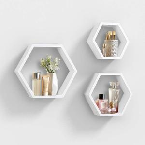 Hexagon Floating Shelves, Set of 3 White Hexagon Wall Shelves | Modern Honeycomb Floating Shelves for Living Room, Bedroom, Office | Hexagonal Wall Organizer Hanging Shelf