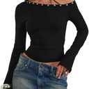 KIGRAD Women Y2k Grunge Grommet Eyelet Studded Off Shoulder Crop Tops Asymmetrical Fitted Long Sleeve Baby Tee Shirts Large
