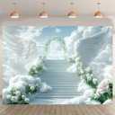 White Stairway to Heaven Backdrop Holy Light Clouds Blue Sky Floral Archway Doves Background Heaven Sent Theme Angel Wings Backdrops Christian Activity Decor Church Photo Booth Prop(White, 7x5 Feet)