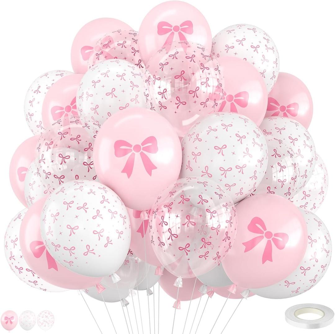 2 x Pink Bow Balloons,12 Inch Light Pink Clear White Bow Balloon for Girls Women Wedding Birthday Engagement Baby Shower Party Decorations, 30PC