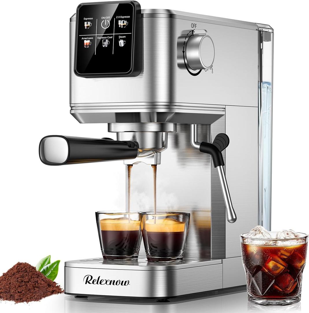 RELEXNOW Espresso Machine, 20 Bar Espresso Maker Milk Frother & LCD Panel, Hot & Iced with Rapid Cold Brew, Stainless Steel Espresso Coffee Machine with 41oz Water Tank for Cappuccino, Latte