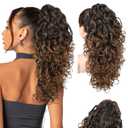 Flufymooz 100 Pure Protein Ponytail Extension, 18 Inch Curly Claw Clip Ponytail Hair Extensions Natural Soft pony tail hairpiece for women-Dark Almond Brown with Copper