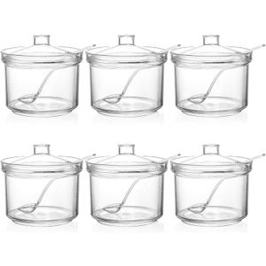 ZEAYEA Set of 6 Clear Acrylic Sugar Bowl, 14 oz Seasoning Box Condiment Pots with Spoon and Lid, Sugar Spice Salt Canister for Home Kitchen, Coffee Bar, Restaurant