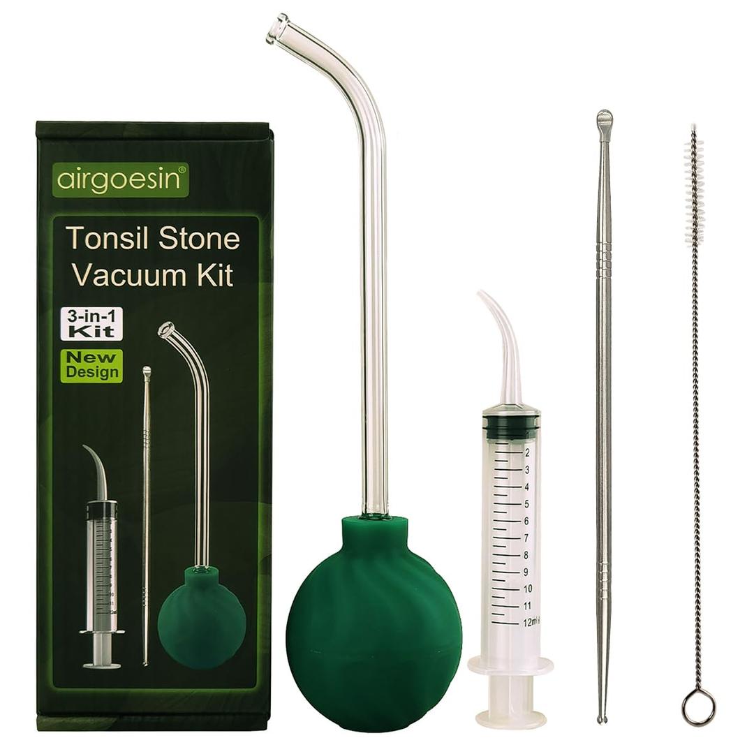 Airgoesin 3-In-1 Tonsil Stone Removal Remover Kit, Tonsil Stone Vacuum Suction Kit, Long Tonsil Stone Stainless Steel Pick 18cm/ 7 with Protection Cap, Curved Oral Irrigation Syringe 12ml with Scale