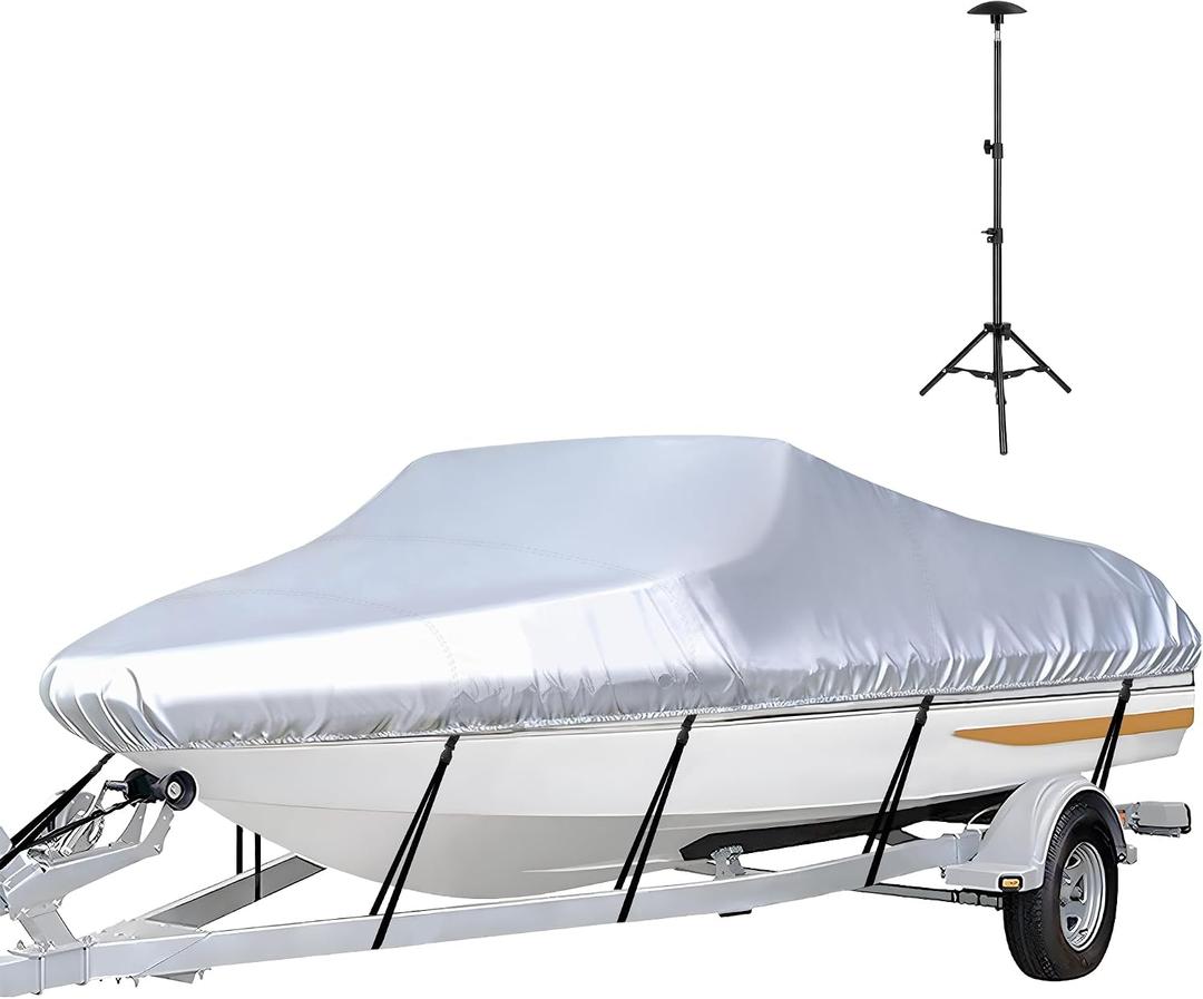 iCOVER Trailerable Boat Cover with Support Pole- 14'-16' Heavy Duty Waterproof Tarp Covers, Fits V-Hull, Fish&Ski, Pro-Style, Fishing, Runabout, Bass Boats, up to 14ft-16ft Long X 90" Wide
