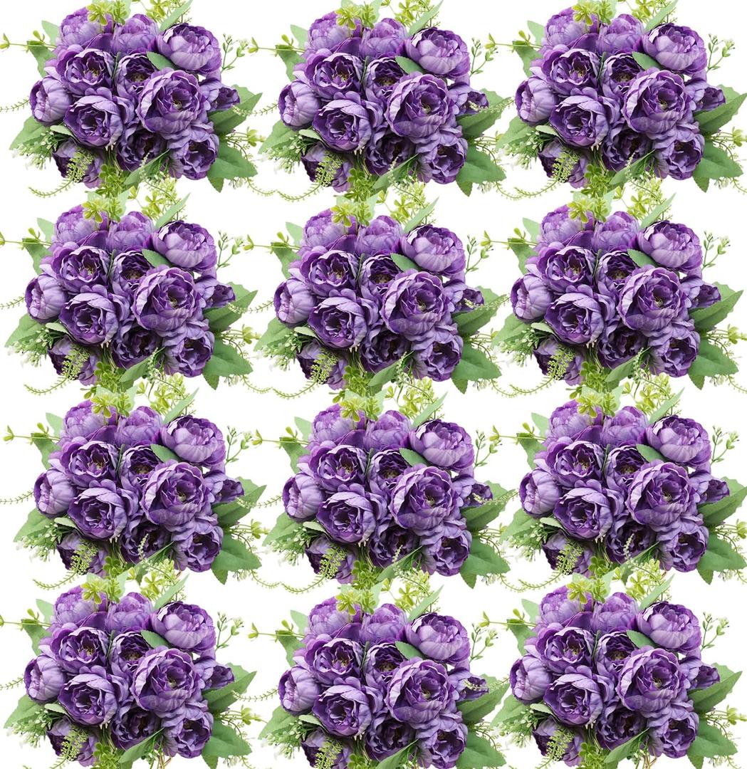 12 Pcs Artificial Peonies Silk Flowers, Fake Peony Bouquet Boho Faux Flowers Arrangements for Wedding Home Centerpiece Table Decoration (Dark Purple)