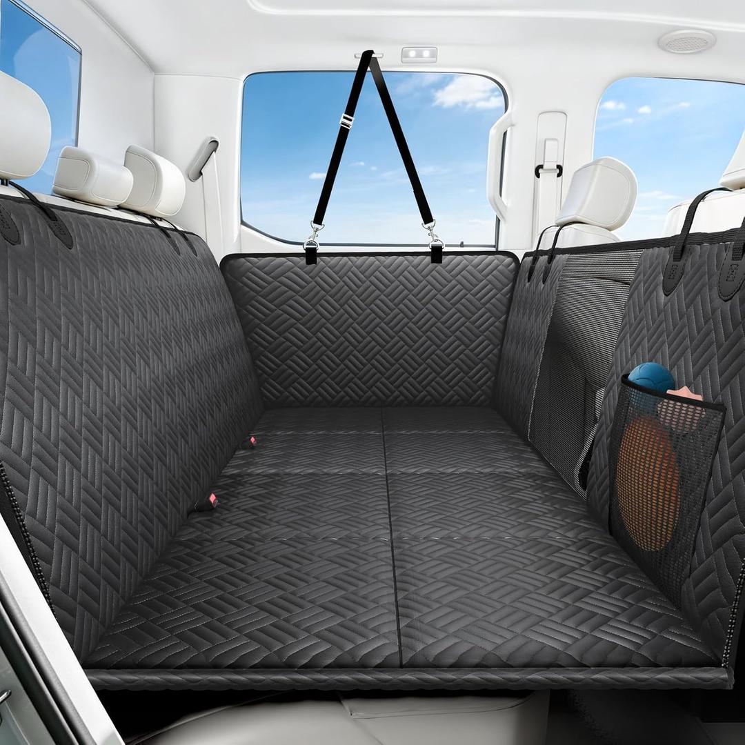 Dog Car Seat Cover for Back Seat, Hard Bottom Back Seat Extender for Dog | Supports 400lbs, Waterproof, Heavy Duty, Scratch Resistant, Dog Hammock for Full-Size Trucks/SUV, Black, 60 Inch