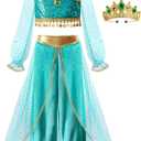 ReliBeauty Princess Toddle Costumes for Girls Arabian Long Sleeves Dress up Holloween Party Birthday whithCollar and Crown (6-7/120, Green)