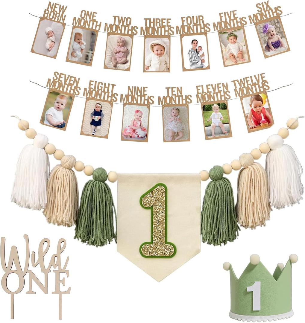 1st Birthday Highchair Banner Decorations Wild One High Chair Banner With Green Tassel Garland Crown Hat Wild One Cake Topper Baby Photo Banner Photoshoot Props Photo Props(Green)