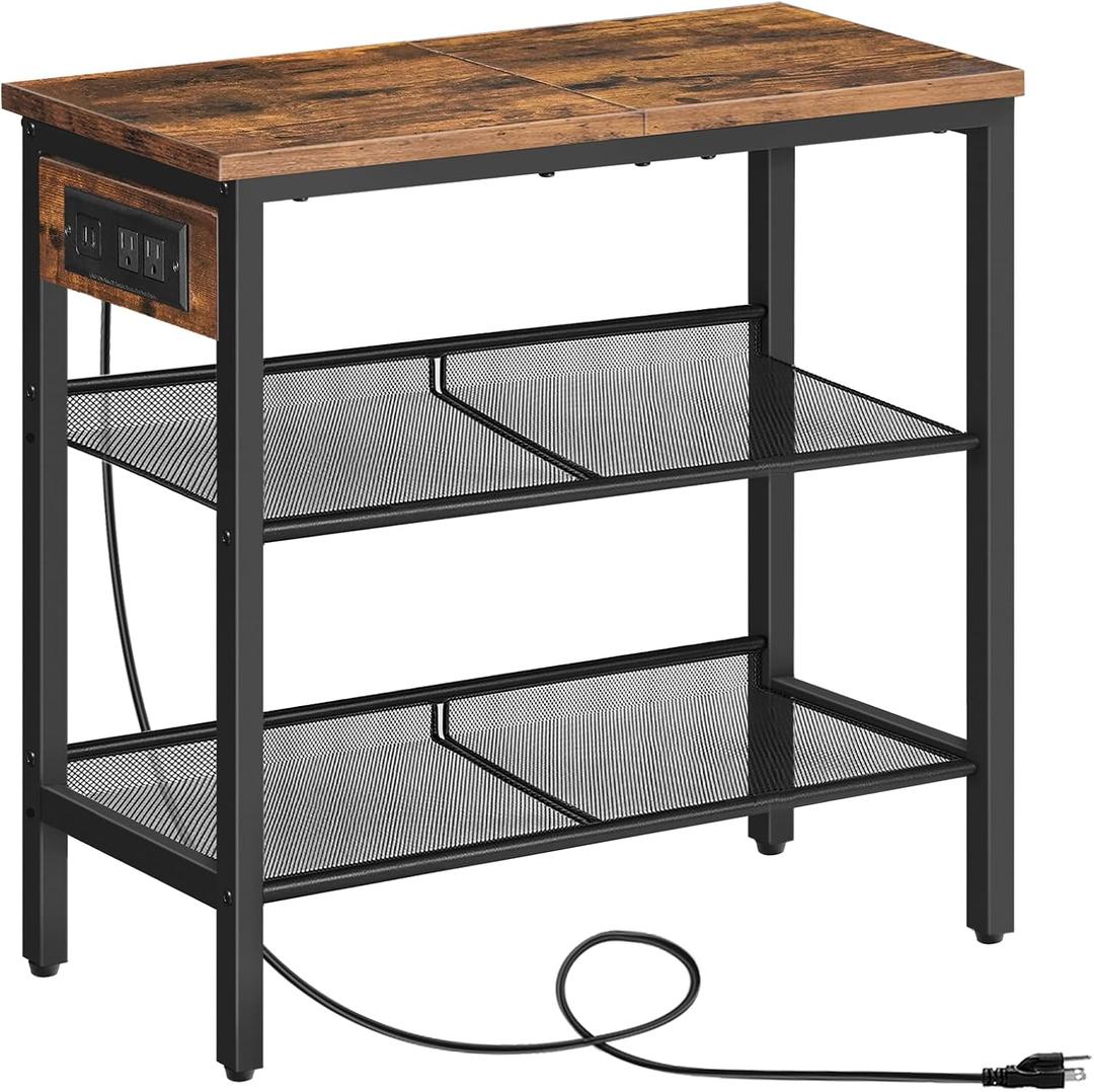 HOOBRO End Table, 3-Tier Narrow Side Table with Charging Station, Nightstand with 2 Flat or Slant Adjustable Shelves for Small Spaces, Living Room, Bedroom, Rustic Brown and Black BF23UBZ01G1, 11.8"D x 23.6"W x 23.6"H