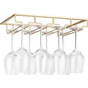 FOMANSH Wine Glass Rack Under Cabinet - Stemware Holder Metal Wine Glass Organizer Glasses Storage Hanger for Bar Kitchen Gold 4 Rows