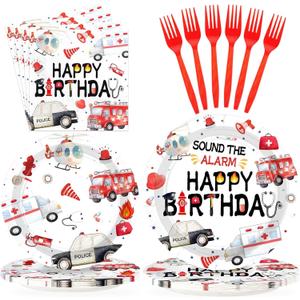 Grencian 96pcs Emergency Vehicle Birthday Party Decorations Fire Truck Plates and Napkins Ambulance Tableware Police Car Dinnerware for Kids Boys Girls Emergency Vehicle Birthday Party Decorations