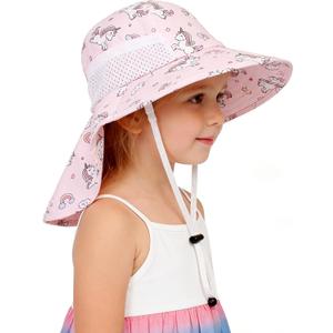 CHUNG Baby Sun Hat Neck Flap Beach Caps for Boys Girls Toddler Adjustable UPF 50+ Wide Brim UV Protection 1-12 Years Kids (3-24 Months, Pink Unicorn)