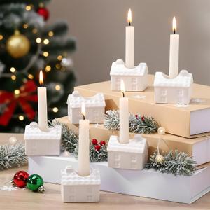 Yookeer 6 Pcs Christmas House Candle Holder White Ceramic Christmas Taper Candle Holders 2 Inch Snow House Candlestick Table Decorations for Winter Xmas Farmhouse Home Kitchen Table Decor