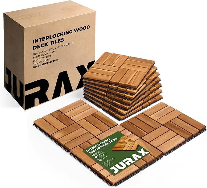 Premium Deck Tiles, 10 PCS 12"×12" Acacia Wood Interlocking Patio Tiles, Snap Together Outdoor Waterproof Flooring for Balcony, Patio, Backyard (Square Joint, Golden Teak)
