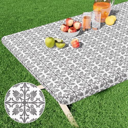 misaya Rectangle Vinyl Table Cloth, Elastic Fitted Flannel Backed Tablecloth, 100% Waterproof Plastic Table Cover Fits 6 Foot Folding Tables for Picnic, Camping, Outdoor (Grey, 30" x 72")