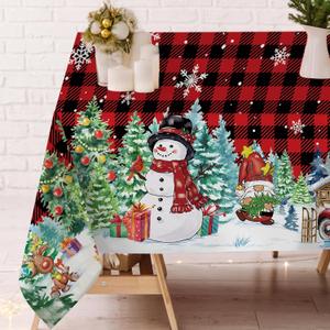 Christmas Tablecloth 5454 Inch, Merry Christmas Decorations Snowman Table Cloth for Rectangle Red Truck, Xmas Decor Buffalo Red Plaid Gnoms Tablecloths Polyester Vintage for Picnic Party Dinner