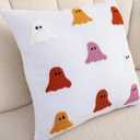 Tosleo Halloween Throw Pillow Covers 18x18 Set of 2 Happy Halloween White Spooky Ghost Orange Pillow Covers Embroidered Pillow Cases Thanksgiving Home Party Fall Decor Square Cushion Covers