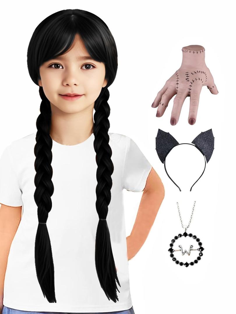Girls Wednesday Addams Wigs with Necklace Long Black Braided Wigs for Halloween Party Costumes