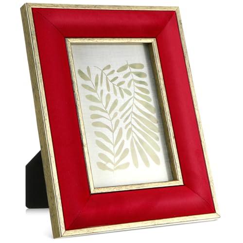 Kathfly 1 Pcs Red Velvet Picture Frame 5 x 7 Inch Vintage Photo Frame with Gold Metal Edge Horizontal & Vertical Mount for Poster Artwork Puzzles Tabletop Wall Display Christmas Home Office Decor