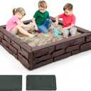 Costzon Kids Sandbox with Cover, 47"x 47" HDPE Sand Box w/Oxford Cover, Bottom Liner, Reinforced Structure, Weather Resistant Outdoor Sand Pit for Backyard Lawn Garden Beach (Brown)