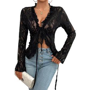 Women's V Neck Lace Sheer Top Sexy Mesh See Through Shirts Open Front Tie Long Sleeve Blouses Y2k Going Out Tops (Large, Black)
