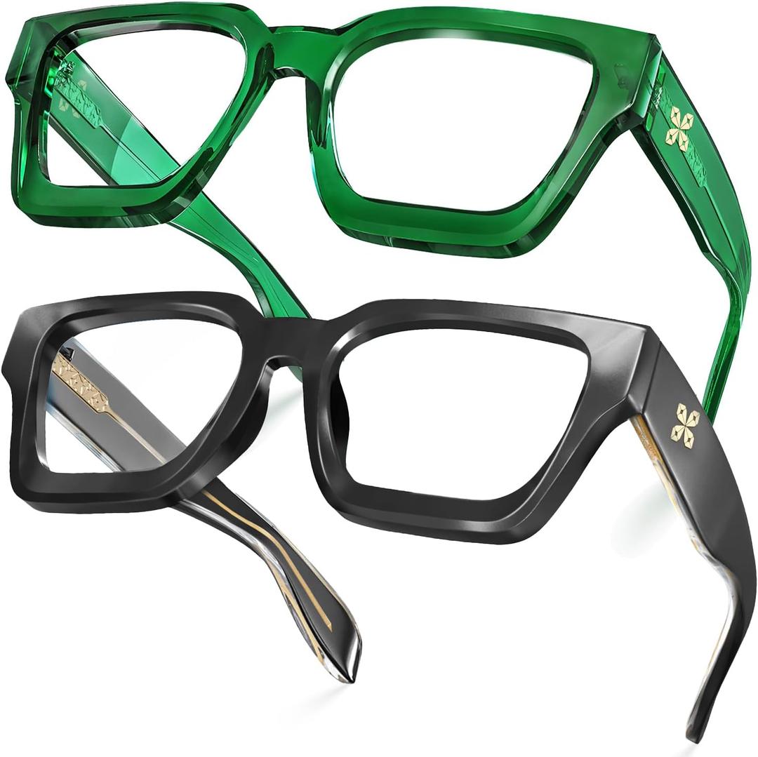 VISOONE 2 Pack Blue Light Blocking Glasses Rectangle Frame and Chic Preppy Look for Women Men RIVER (Black+basil Green)