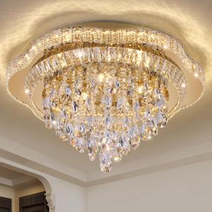 24" Gold Crystal Flush Mount Chandelier with Remote
