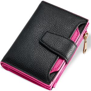 Small Wallet Women RFID Blocking Soft Leather Bifold Compact Card Holder Wallet for Women with Zipper Coin Pocket 4 ID Window (Colorblock - Black/Rose Red)