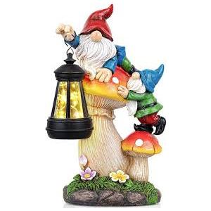 Solar powered garden gnome statue with lights 12" Outdoor - Unique Christmas Housewarming Gifts for Grandma Women Mom