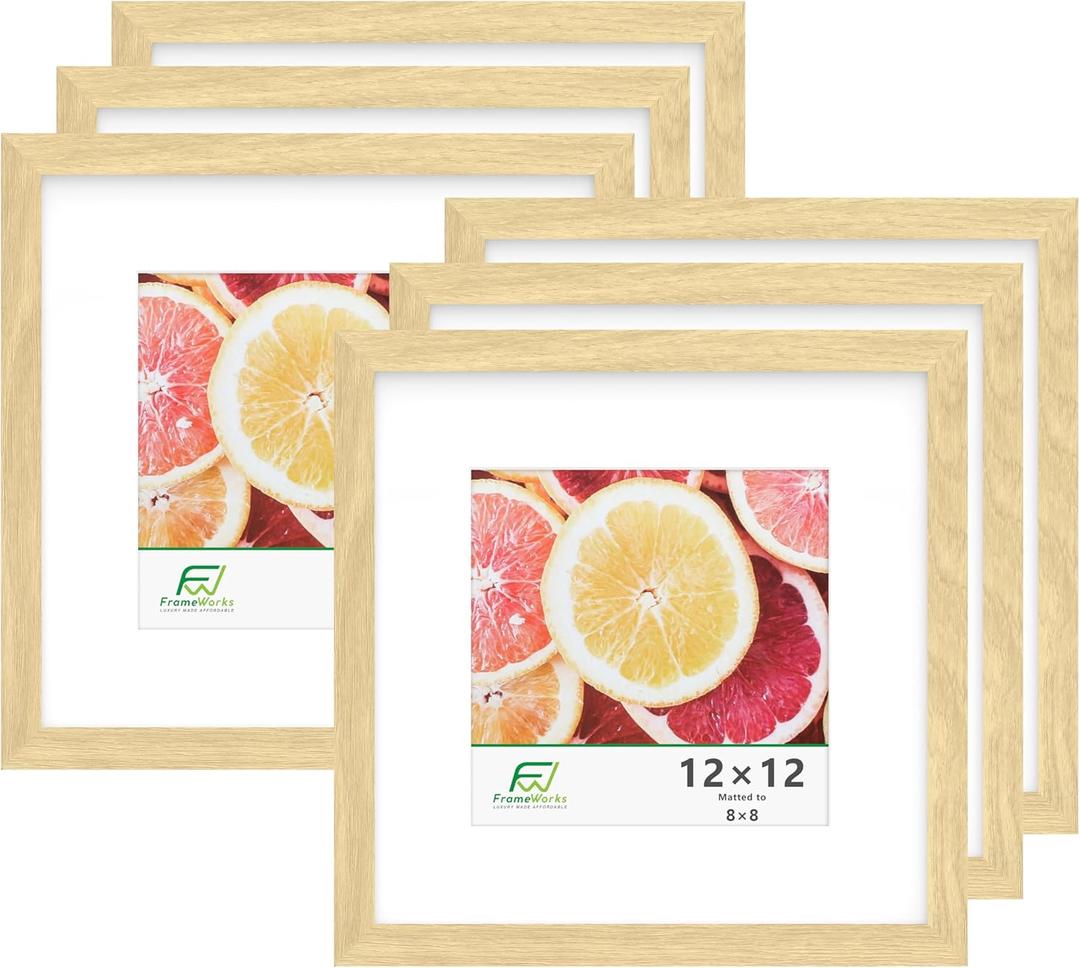 FrameWorks 12x12 mat to 8x8 Classic Wooden Picture Frames With Tempered Glass | Natural Oak | 6-Pack