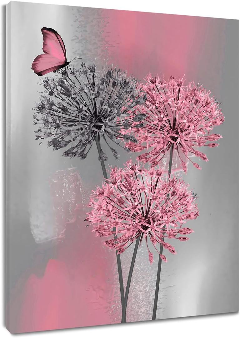 LB Pink Dandelion Canvas Wall Art Pink and Grey Dandelion with Butterfly on Modern Abstract Wall Art Aesthetic Wall Decor for Living Room Bedroom Bathroom Office Framed Ready to Hang 24L x 16W