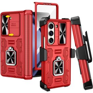 VEGO for Galaxy Z Fold 5 Case with Hinge Protection, Belt Clip Holster & 360Ring Magnetic Kickstand & Camera Cover & Front Screen Protector Shockproof Cover - Vibrant Red