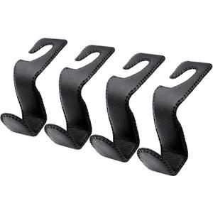 EldHus Seat Hooks for Purses and Bags, 4 Pack Car Purse Holder for Grocery Bag Handbag Clothes, Metal Headrest Hooks Covered by Leather, Black