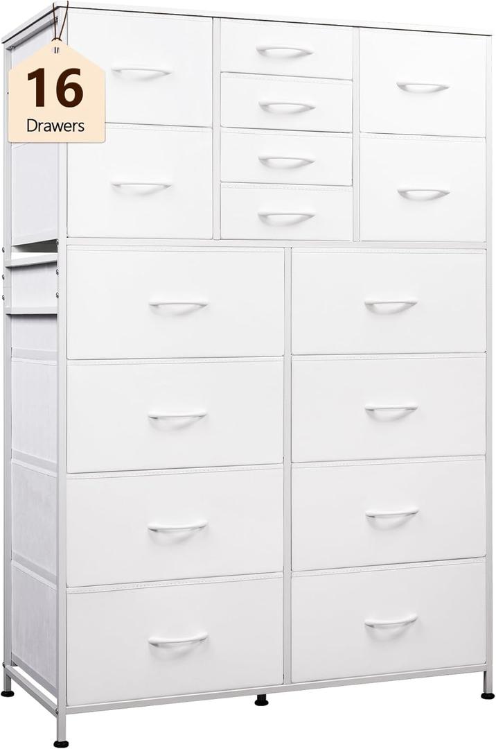 WLIVE Large Dresser for Bedroom, Fabric Dresser Storage Tower with 16 Drawers, Chest of Drawers Organizer Unit, Storage Cabinet, Hallway, Closets, Steel Frame, White