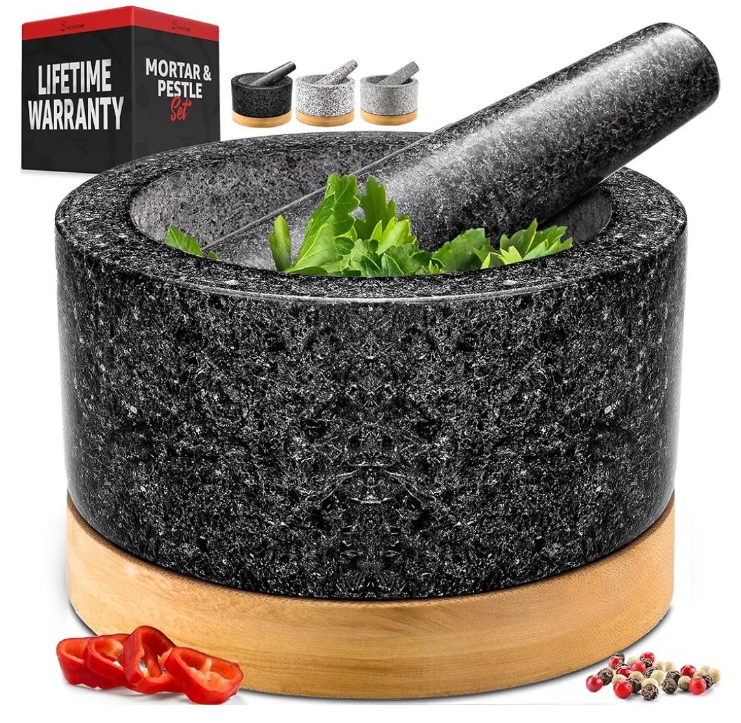 PriorityChef Heavy Duty Mortar and Pestle Set with Bamboo Base, 100% Natural Granite Stone Grinder, Guacamole Bowl and Masher, 1.5 Cups, Black