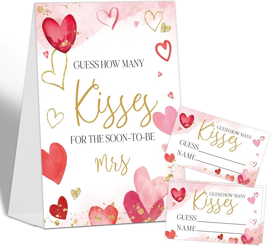 How Many Kisses Bridal Shower Game Wedding Shower Decorations, Guess How Many Baby Shower Game, 1 Standing Sign and 50 Guess How Many Cards for Birthday Baby Shower Wedding Party Decorations, 09
