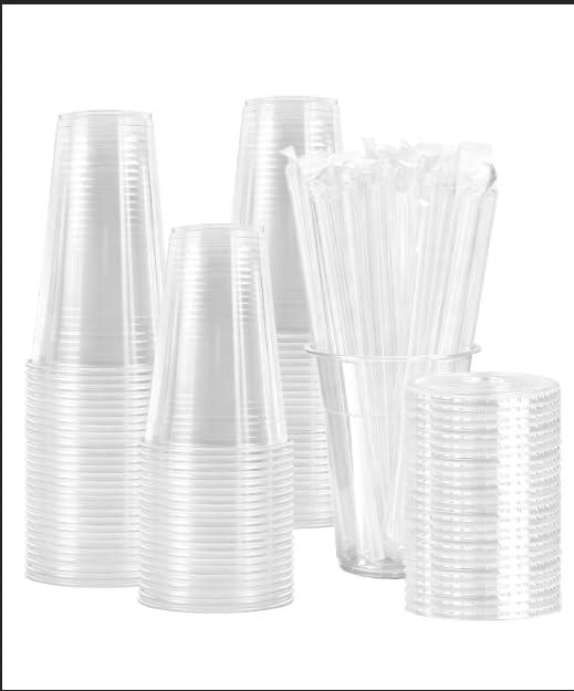 Clear Plastic Cups with Lids and Straws,Sturdy & Food Safe Iced Coffee Cups with lids,Disposable Plastic Smoothie Cups for Cold Drinks, Milkshake- BPA free
