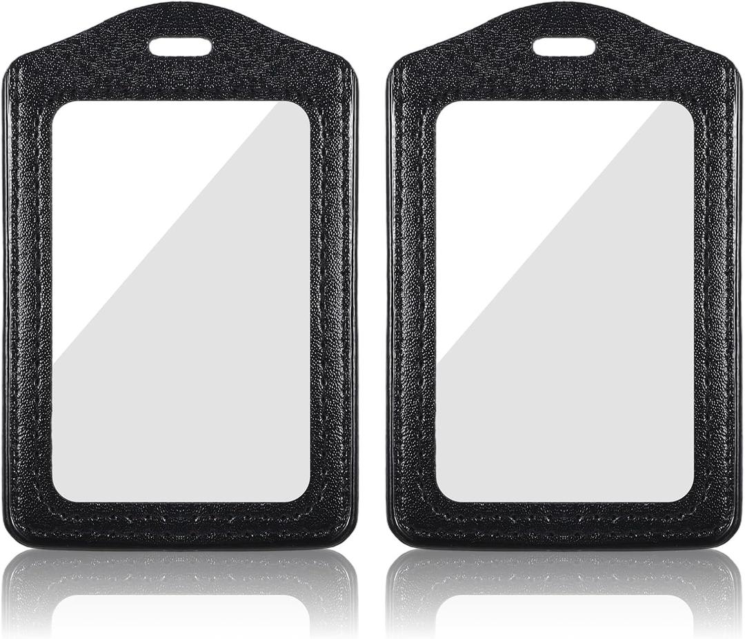 Genuine Leather ID Badge Holders, 2Pcs Leather Badge Holder with Double Side Clear Window, Vertical ID Card Holders, Waterproof Name Badge Holder for Students, Staff, Office, Employees, Black