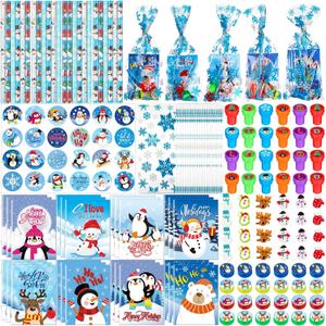 Zhanmai 168 Pcs Christmas School Stationery Set Includes 24 Christmas Pencils 24 Erasers 24 Sharpeners 24 Stickers 24 Mini Notebooks 24 Stamps 24 Gift Bags for Xmas Party Favors (Snowflake Style)