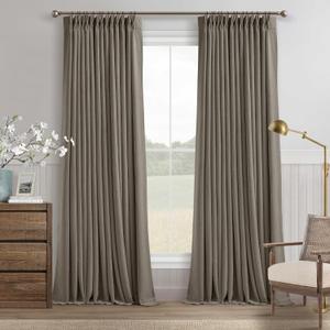 Flax Taupe Pinch Pleated Blackout Curtains 102 Inches Long for Bedroom 100% Black Out Thick Linen Dual Layer Pleated Drapes Farmhouse Country Brownish Gray 102 Inch Curtain for Dining Living Room