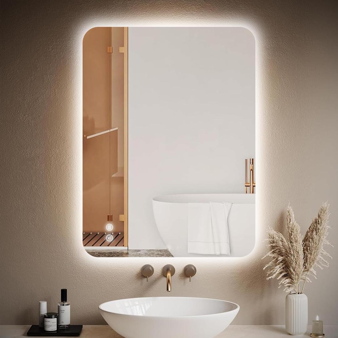 EOGOW Backlit Mirror for Bathroom,36"x24" Backlit LED Bathroom Mirror Wall Mounted with Anti-Fog,Stepless Dimmable,3 Color Lights,High Lumen, UL Listed,Tempered Glass