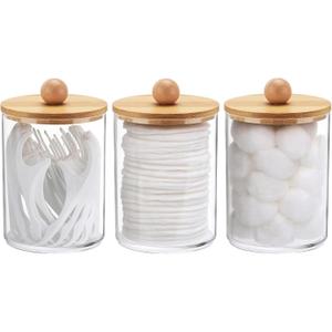 Tbestmax 10 Oz Cotton Swab/Ball/Pad Holder, Qtip Apothecary Jar, Clear Bathroom Containers Dispenser for Storage 3 Pack Wood Lids