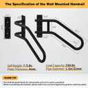 Left Side Wall Mounted handrail, Garge Door Stair Railing for 1-3 Steps(Polished Black, Left Side, 230LBs Loading)