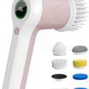 Electric Spin Scrubber, Cordless Shower Scrubber with Battery Level Display, 2 Speeds Electric Scrubber for Cleaning with 6 Replaceable Heads, Cleaning Brush for Bathroom/Sink/Window (Pink)